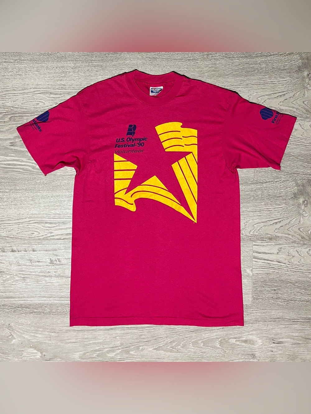 Vintage 1990 US Olympics Festival Men’s Pink/Yellow Volunteer Graphic T-Shirt